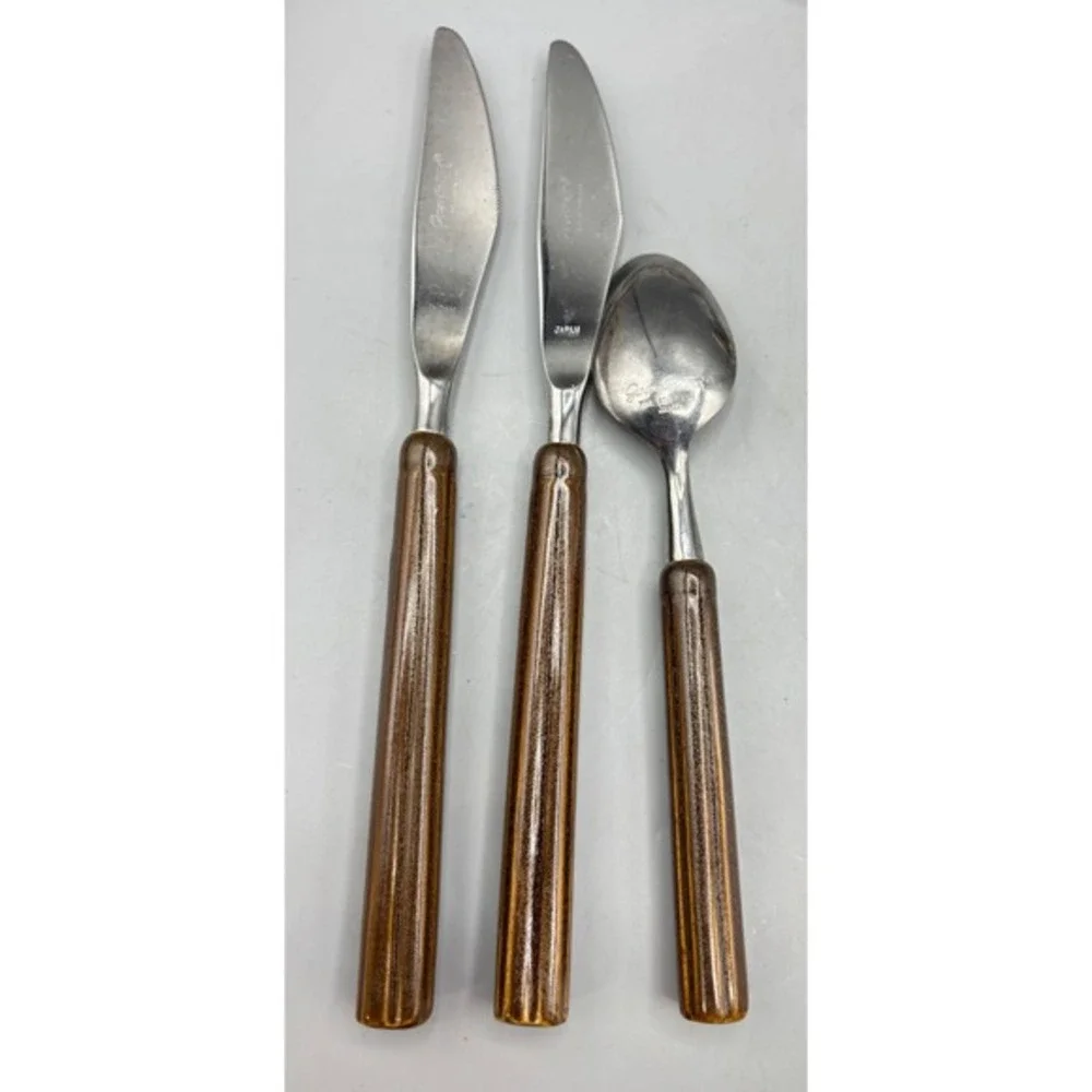 Vtg MCM Georges Briard Stainless Flatware 3 Pc Knife Spoon Brown Ceramic Replace